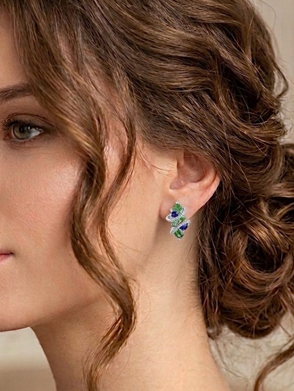 NEW Huggie Earrings Blue Green CZ Cluster 18K White Gold Plated Gemstone